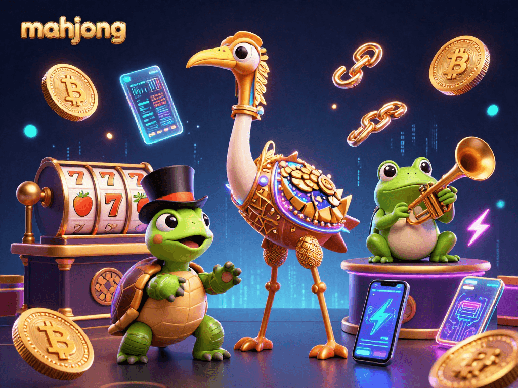 Experience mahjong excitement with cartoon characters enjoying a casino atmosphere, surrounded by vibrant slot symbols.