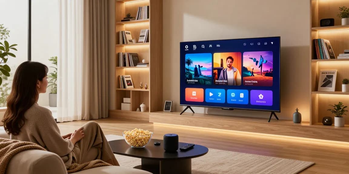 Couple enjoying movie night on a modern smart TV 2026 with vibrant picture quality and cozy setting.