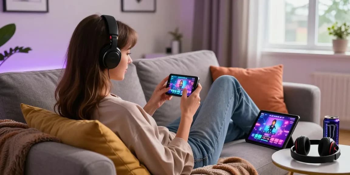 Immersed in a mobile porn game, a young adult female gamer lounges in a stylish living room.
