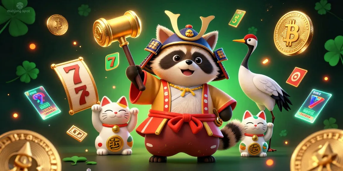Engage with the mahjong slot in a vibrant, 3D illustration showcasing a cheerful tanuki and festive elements.