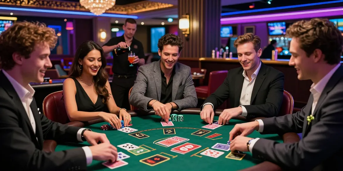 Exciting scene at credit card casinos UK featuring friends enjoying blackjack with vibrant neon lighting.