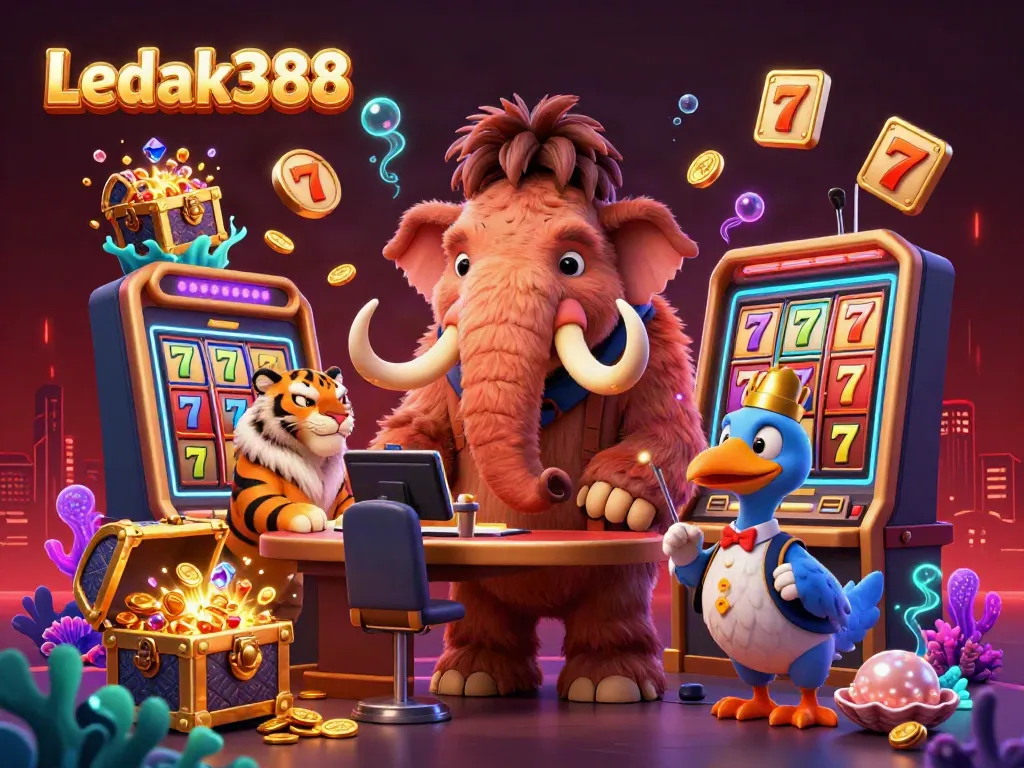 Experience the vibrant world of Ledak388 with a dynamic casino scene featuring engaging characters and casino elements.