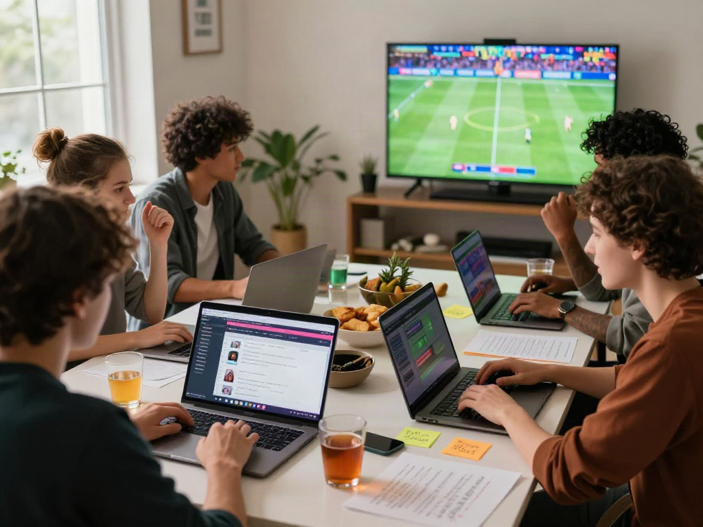 Engaged community discussing 토토사이트 검증 먹튀스팟 in a modern home office setting with laptops and live sports.