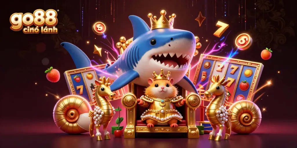 Experience the excitement of go88 chính hãng with a majestic hamster king amid vibrant game elements.