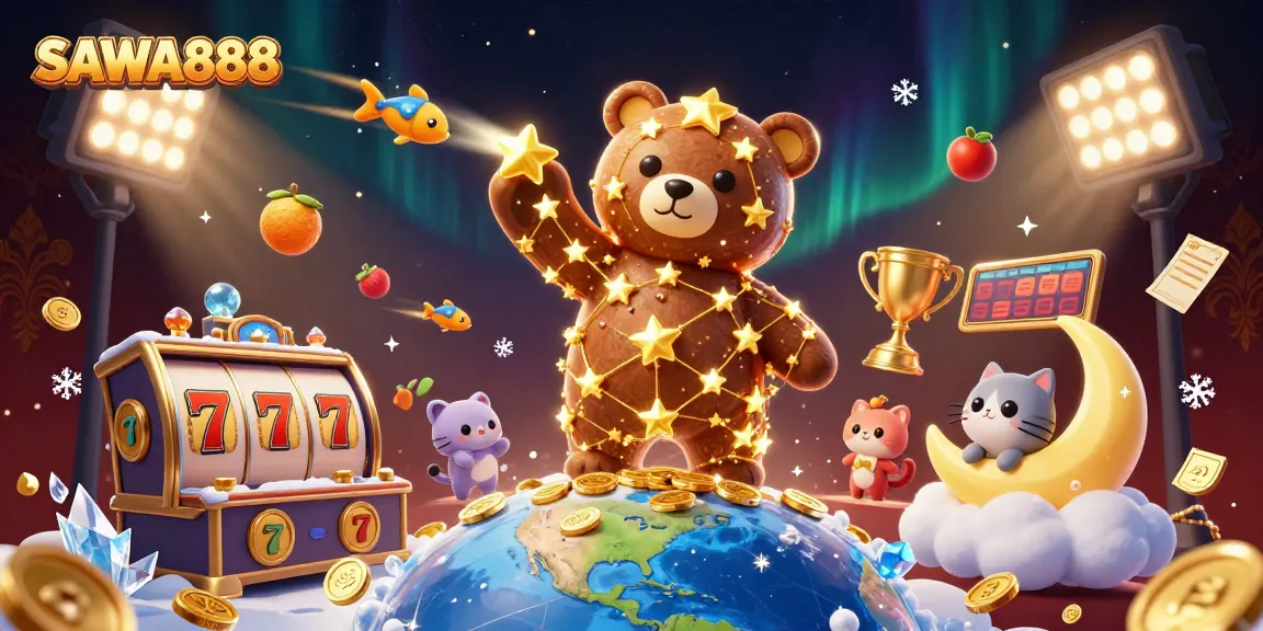 Experience the thrill of gaming with SAWA888, where the constellation bear scoops coins amidst vibrant slot symbols.