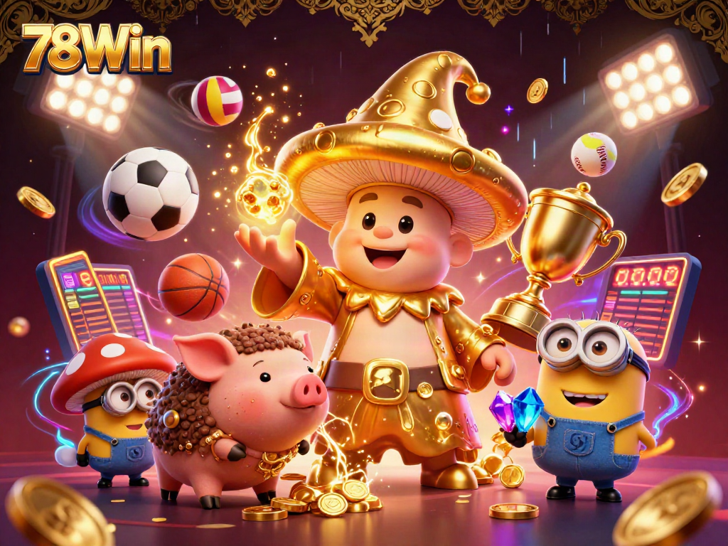 Engage with the thrilling energy of 78Win's casino magic, illustrated with a dynamic scene of golden characters and vibrant sports elements.