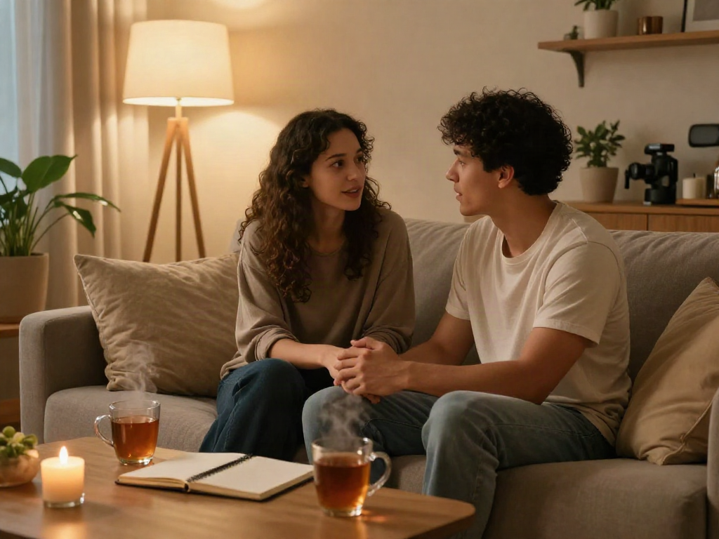 A couple exploring their relationship dynamics with sex AI insights in a cozy living room.