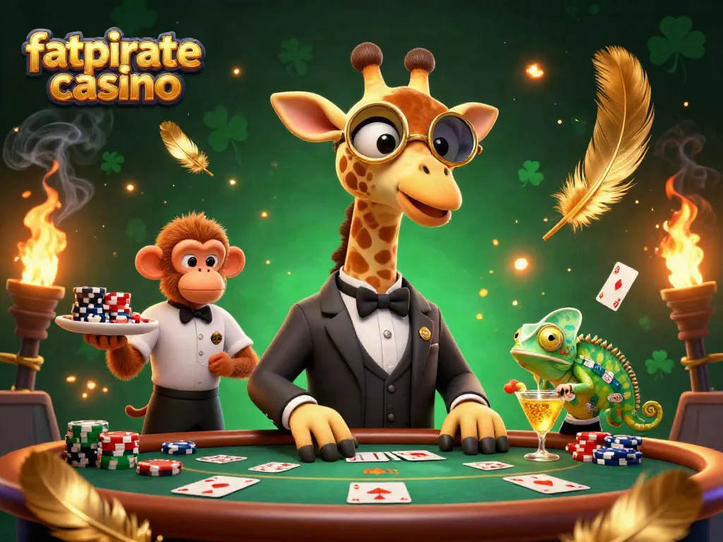 Experience the thrill at fatpirate casino with colorful characters playing poker amidst golden coins.