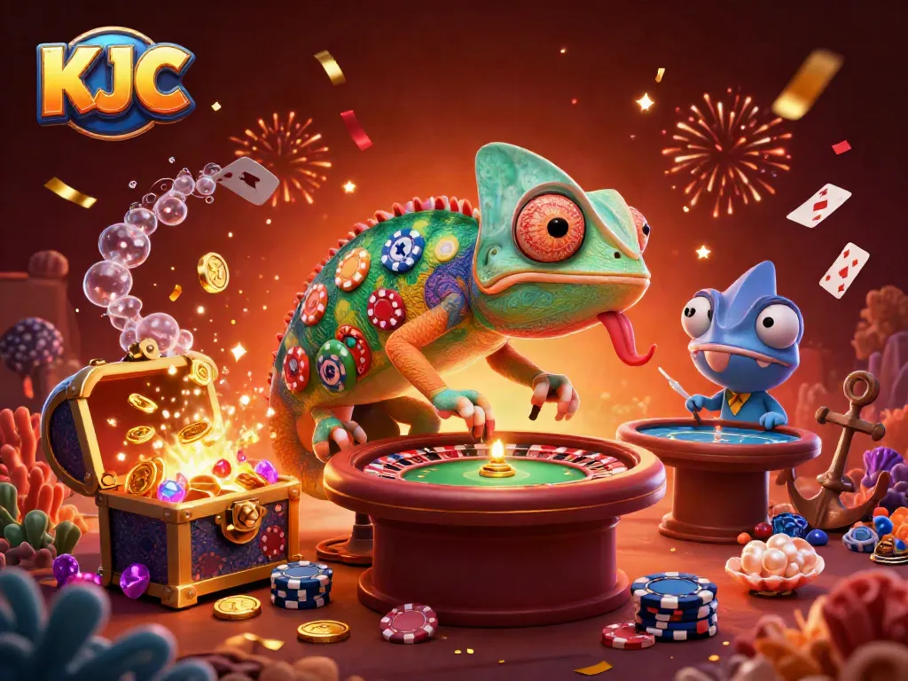 Spin to win with KJC in a vibrant casino scene filled with treasure and celebration.