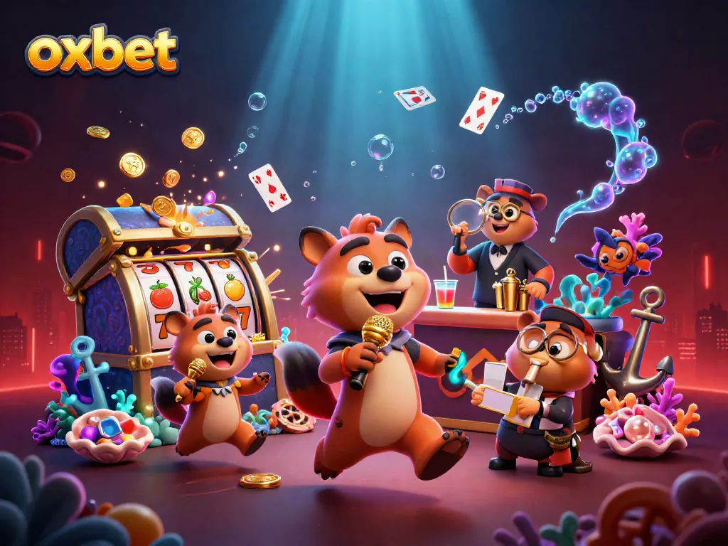 Engage with oxbet's vibrant casino world featuring hyenas in a dynamic scene of gaming and comedy.