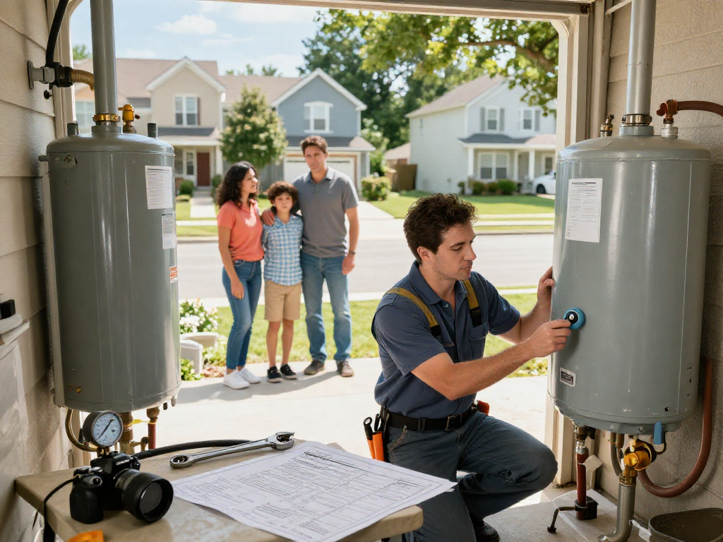 Professional plumber inspecting a water heater in Fort Worth, showcasing direct water heater repair Fort Worth services.