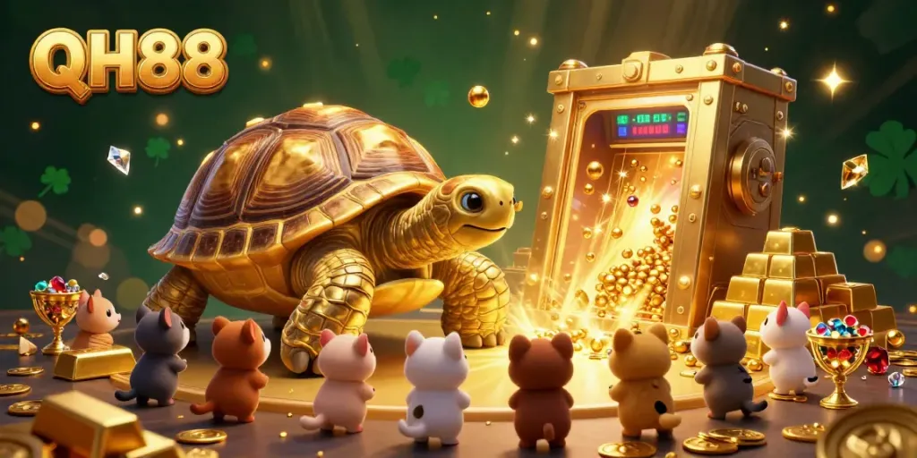 Engage with QH88's animated gaming experience featuring a golden tortoise pinball machine with sparkling treasures.