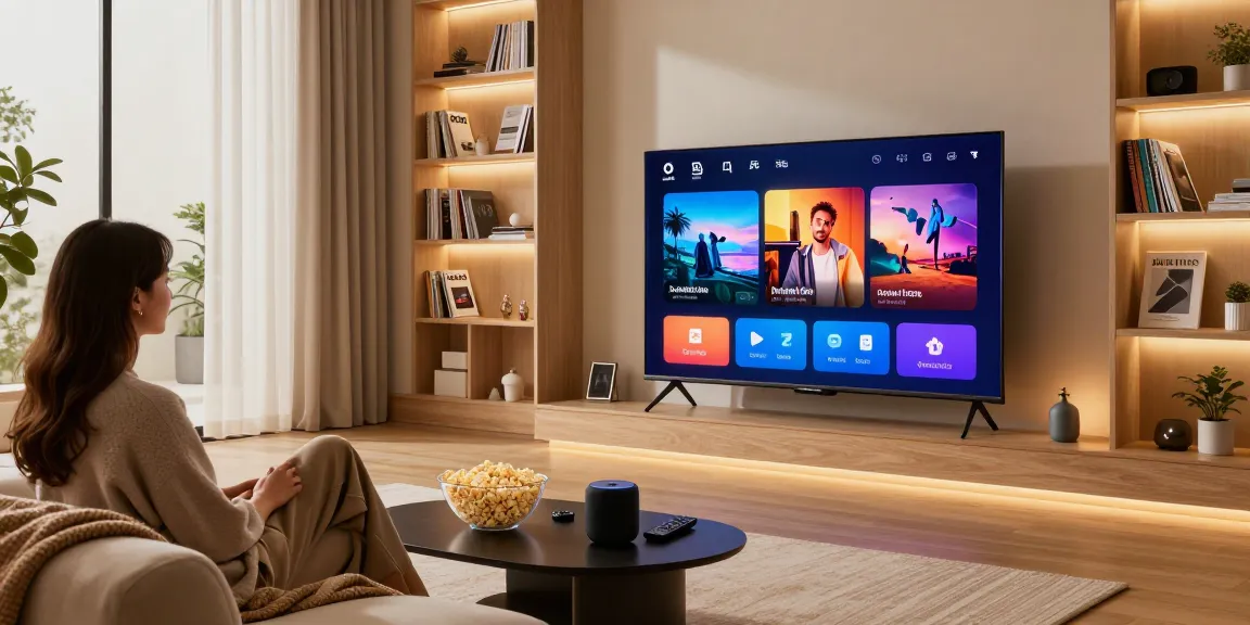 Couple enjoying movie night on a modern smart TV 2026 with vibrant picture quality and cozy setting.