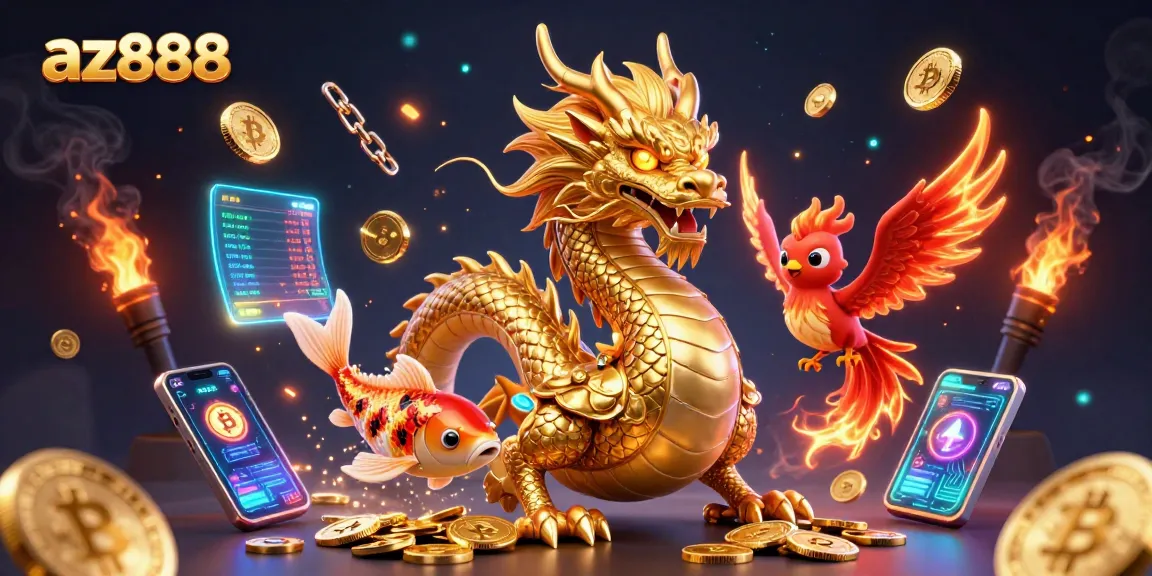 az888 showcases a vibrant scene with a golden dragon, phoenix, and koi fish amidst crypto-themed elements.