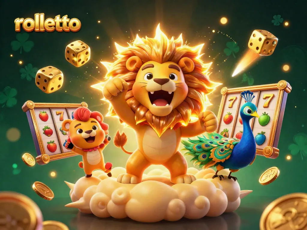 Bet on rolletto's thrilling slots with spectacular golden lion and vibrant elements in action.