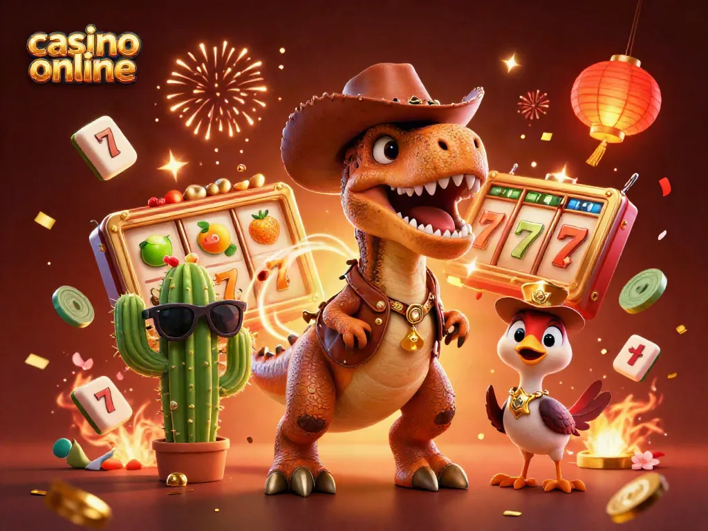 Experience the thrill of casino online with a cartoon dinosaur and bright slot machines.