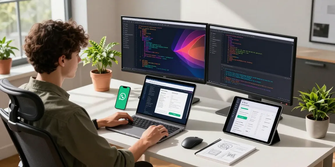 WhatsApp下載 in a tech workspace with a professional using dual monitors and a smartphone for app development.