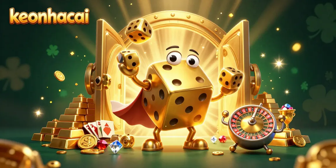 Engage in exciting wins at keonhacai with a vibrant 3D casino showdown depicting golden dice and treasure.