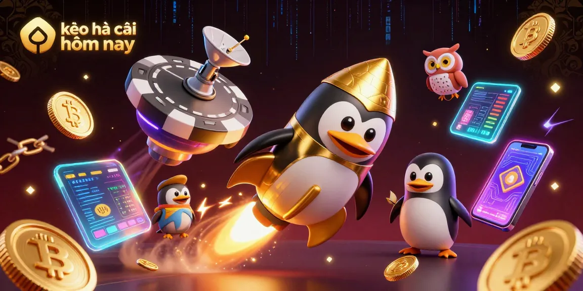 Experience the thrill of kèo nhà cái hôm nay with a rocket-powered penguin soaring toward a poker chip casino.