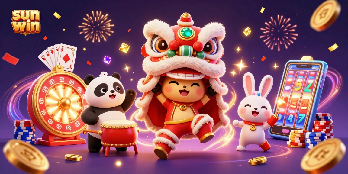 Experience the excitement at sun win with a vibrant 3D illustration featuring lion dance, coins, and gaming elements.