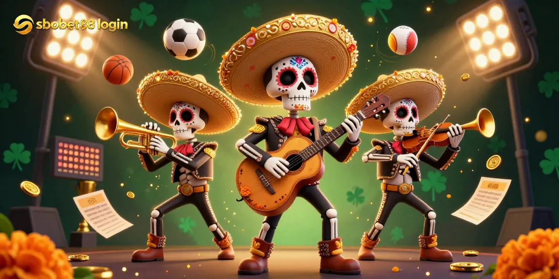 Engage in sbobet88 login with a vibrant illustration of a lively mariachi band amidst dynamic sports elements.
