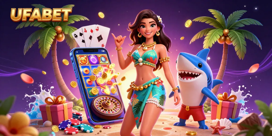 Experience the thrill of UFABET with vibrant imagery of a glamorous beach goddess exploring the casino world.