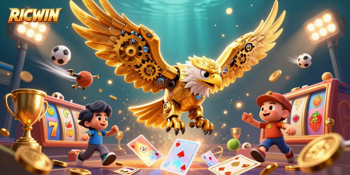 Experience RICWIN's thrilling dive into gaming with a cybernetic eagle among holographic cards.