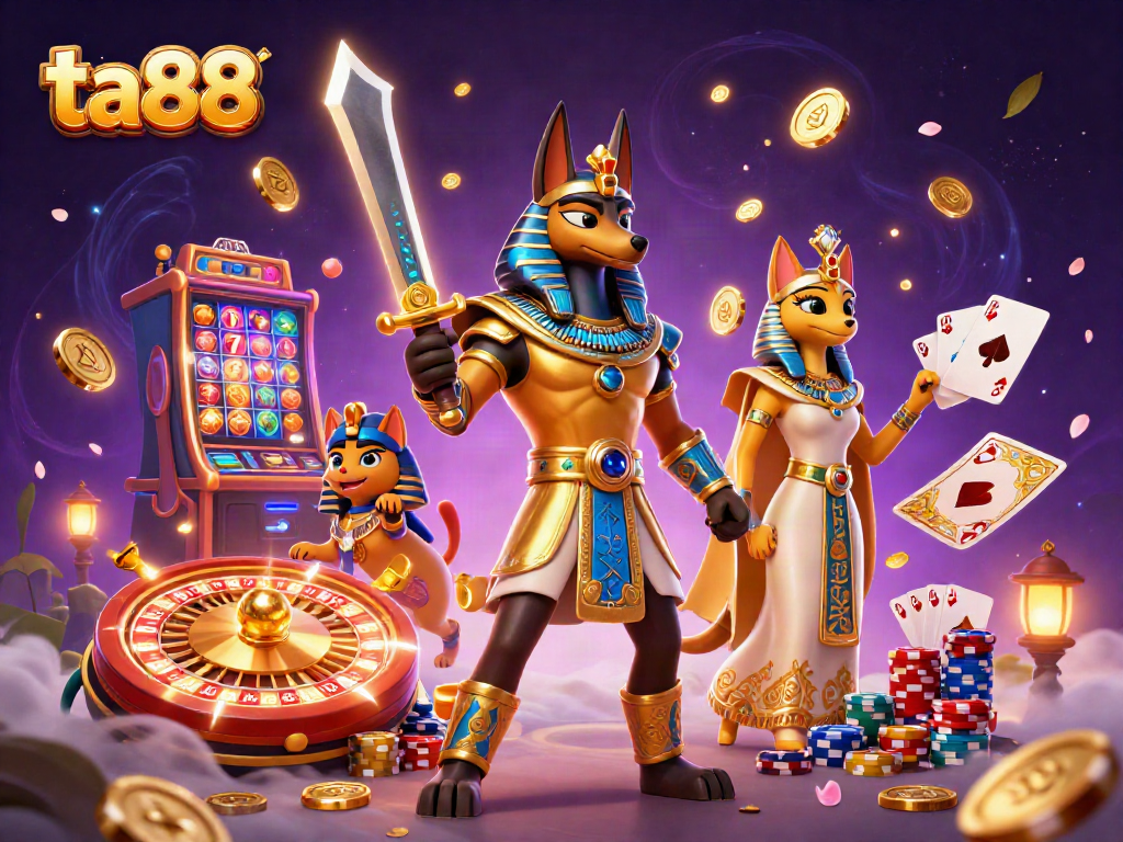 Win big with ta88 in this vibrant casino scene featuring Anubis, Bastet, and slot machines.