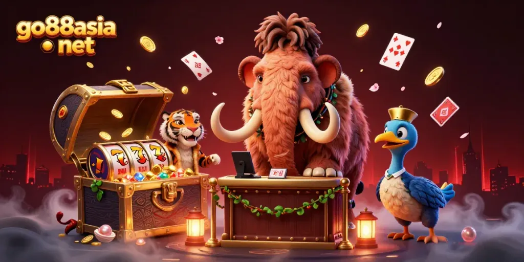 Experience the thrilling world of go88asia net, featuring a woolly mammoth casino bouncer and vibrant gaming elements.