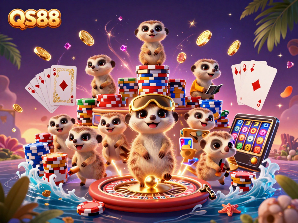 Experience the excitement of QS88 with meerkats running a vibrant casino, showcasing dynamic gaming elements.