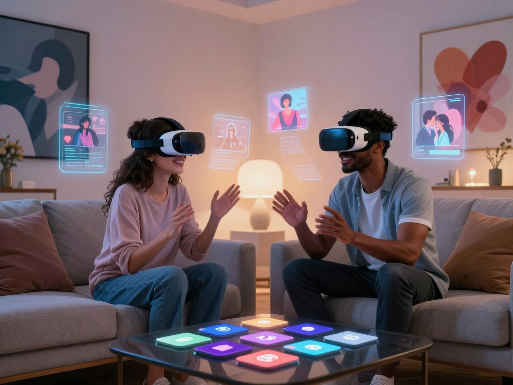 Couple enjoying sex ai experience in a futuristic virtual reality dating setting, surrounded by romantic digital elements.