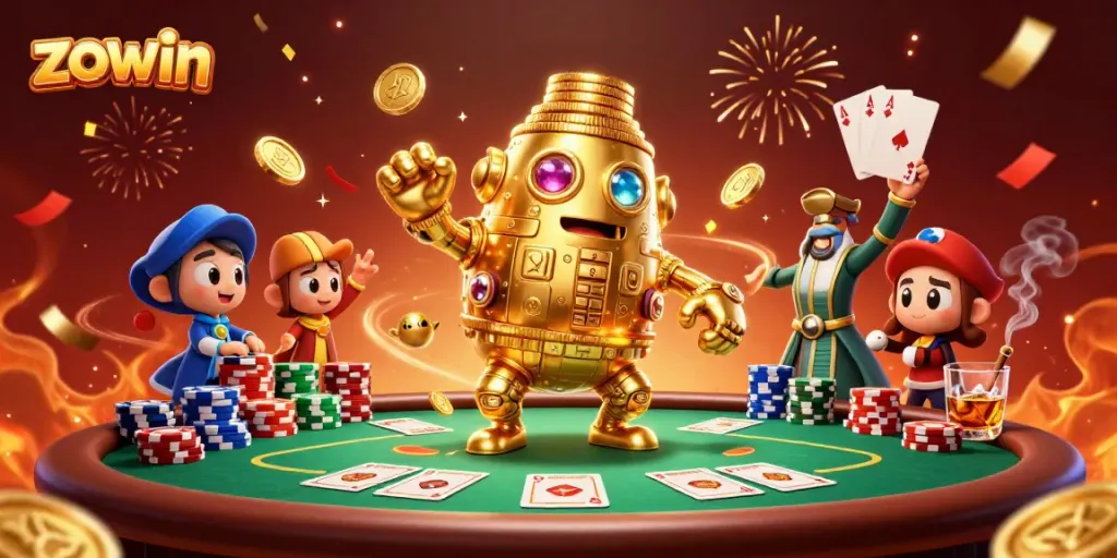 Zowin showcases a golden golem amidst poker excitement, embodying casino thrills and big wins.
