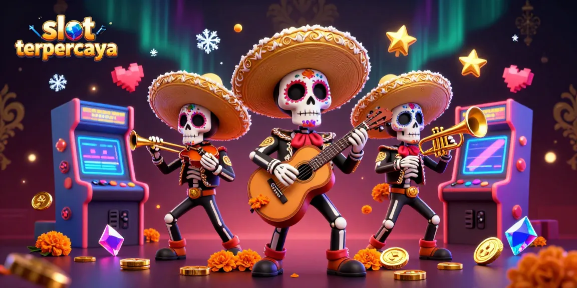 Play slot terpercaya with vibrant 3D mariachi band illustration, showcasing colorful gaming elements.