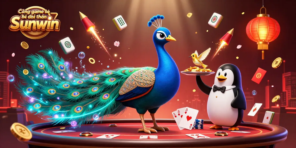 Cổng game bài đổi thưởng Sunwin showcases an aristocratic peacock and penguin butler amidst vibrant casino elements.