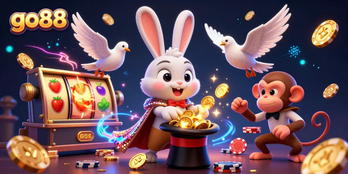 Engage in exciting moments at go88 with a magician rabbit pulling coins, vibrant slots, and dynamic casino elements.