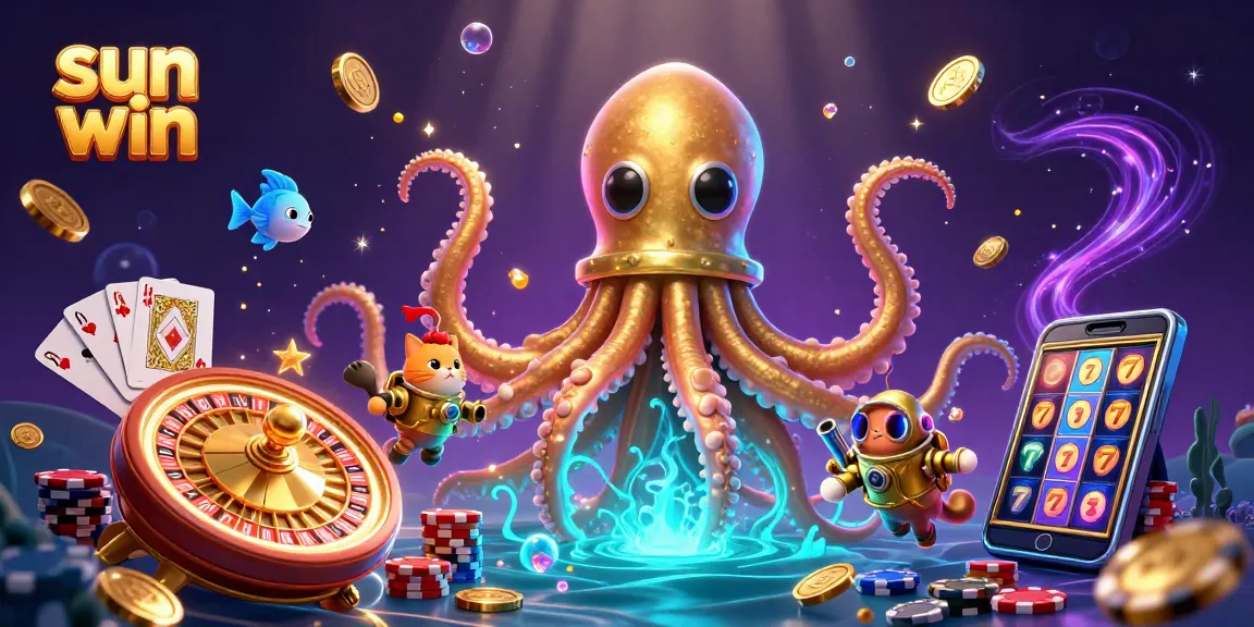 Sun win brings excitement to the ocean floor with a kraken and diving cat surrounded by winning coins.